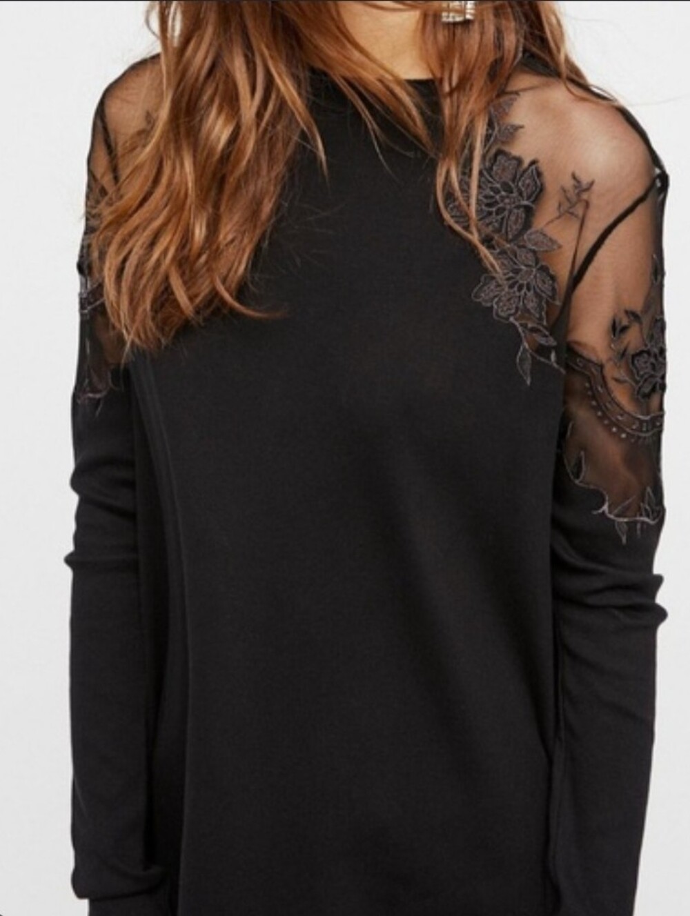 Free people black pullover lightweight sweater, lace mesh shoulders